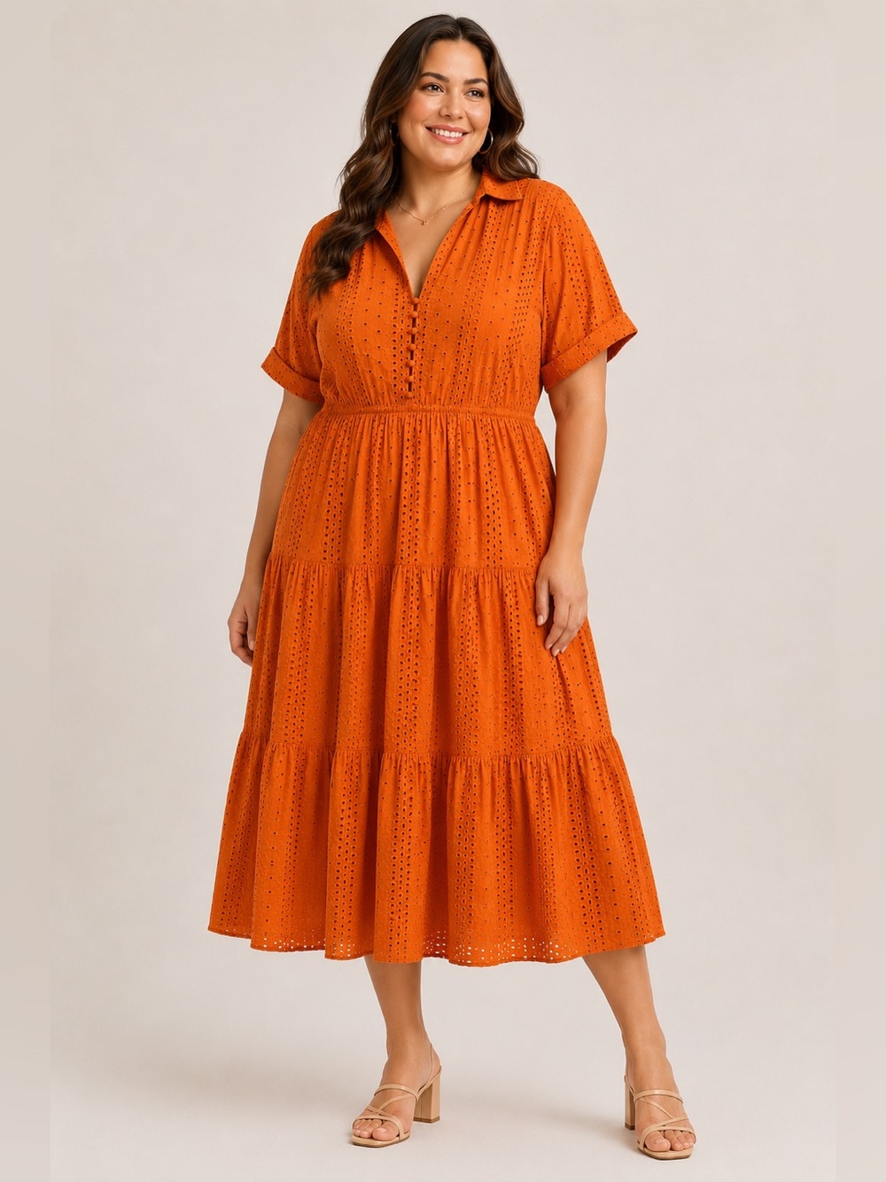 ELOQUII Elements Orange Eyelet Tiered Midi Dress Size 18 Cotton